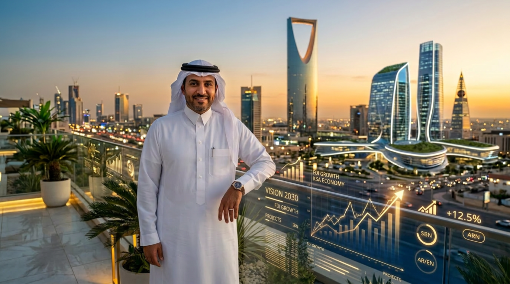 saudi man standing in balcony with kingdom on background