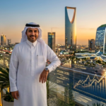 saudi man standing in balcony with kingdom on background