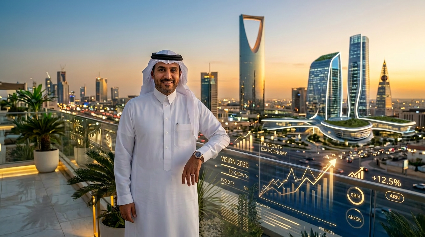 saudi man standing in balcony with kingdom on background